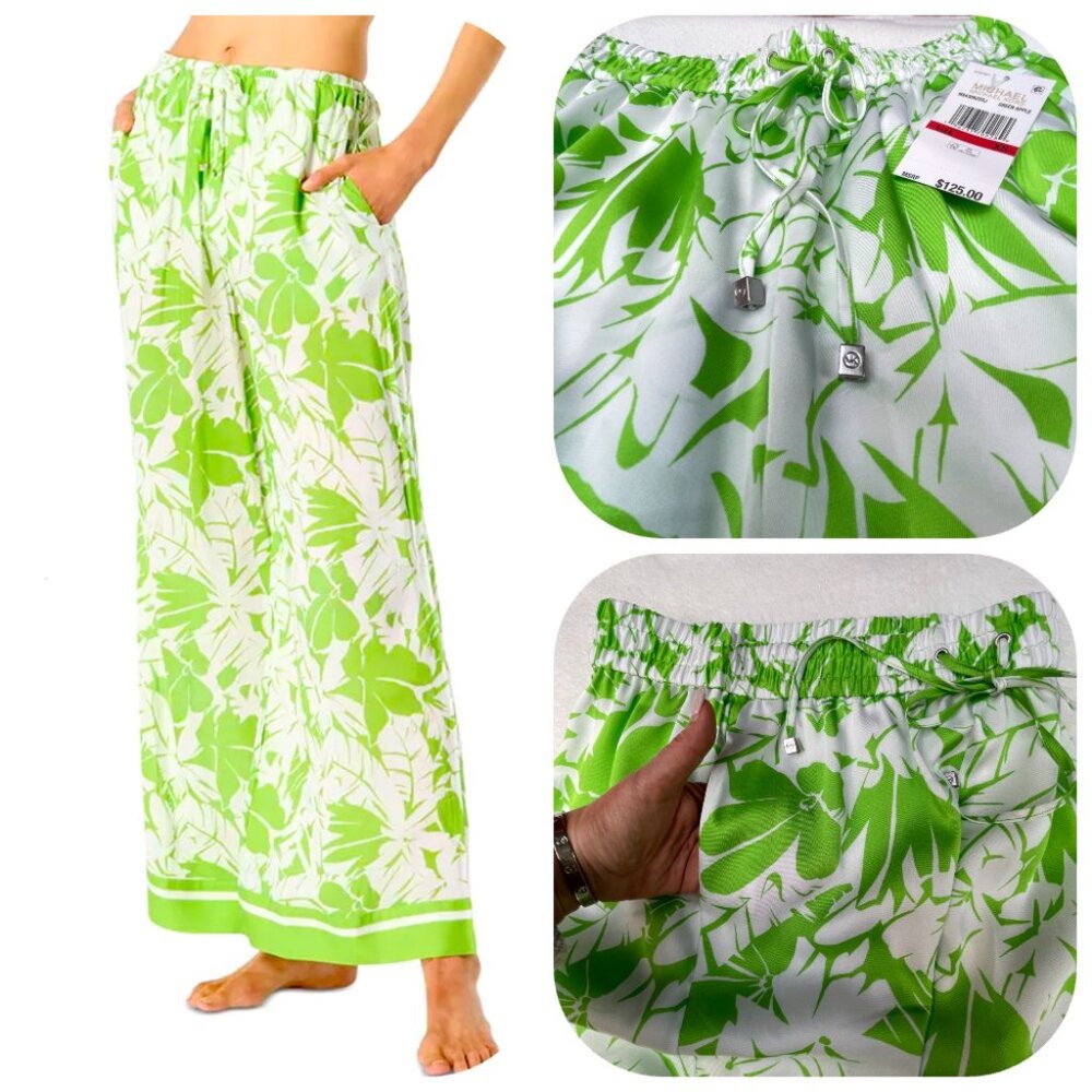 NWT MICHAEL KORS Covet up High Rise Wide Leg Satin Palm Print Pants - Picture 12 of 12